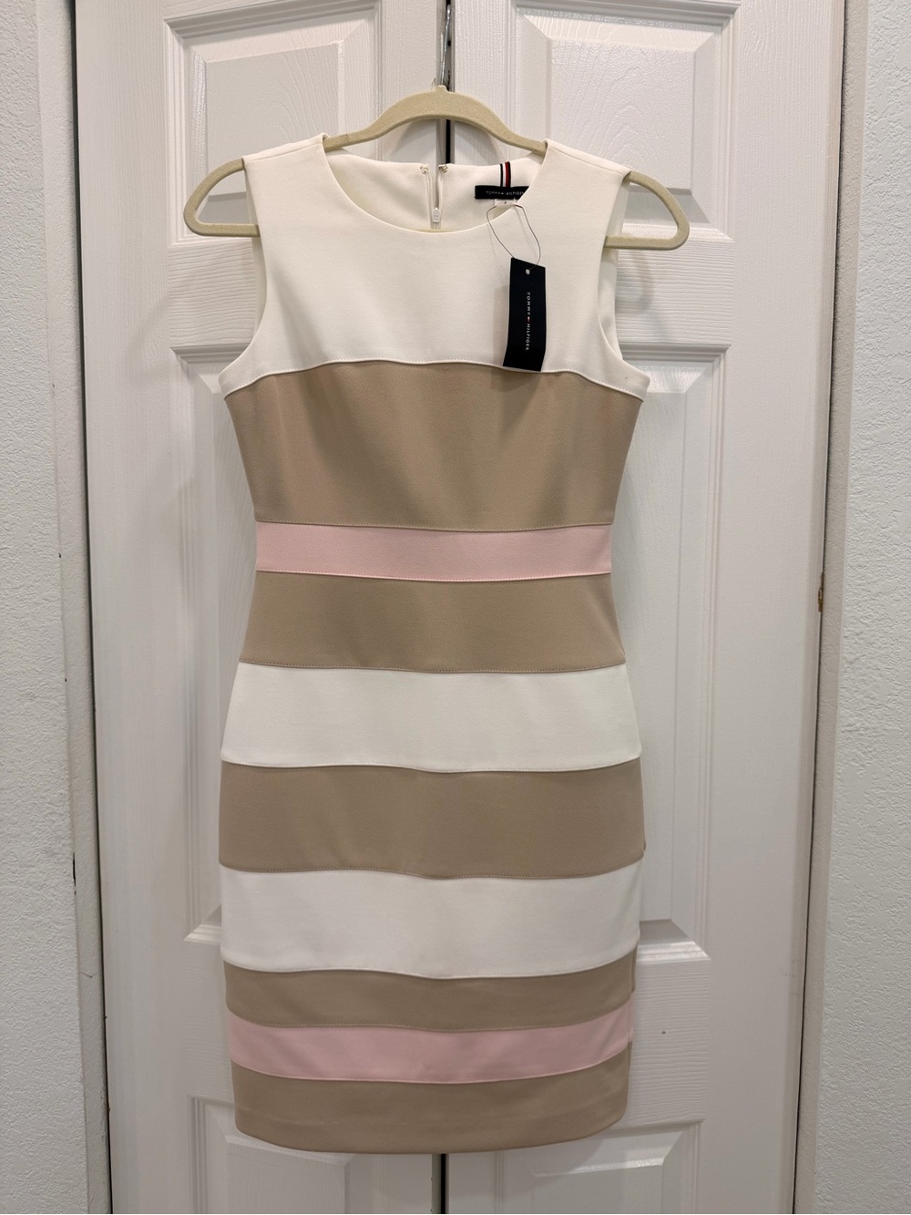 Tommy Hilfiger White, Beige & Pink Striped Sleeveless Mini Dress